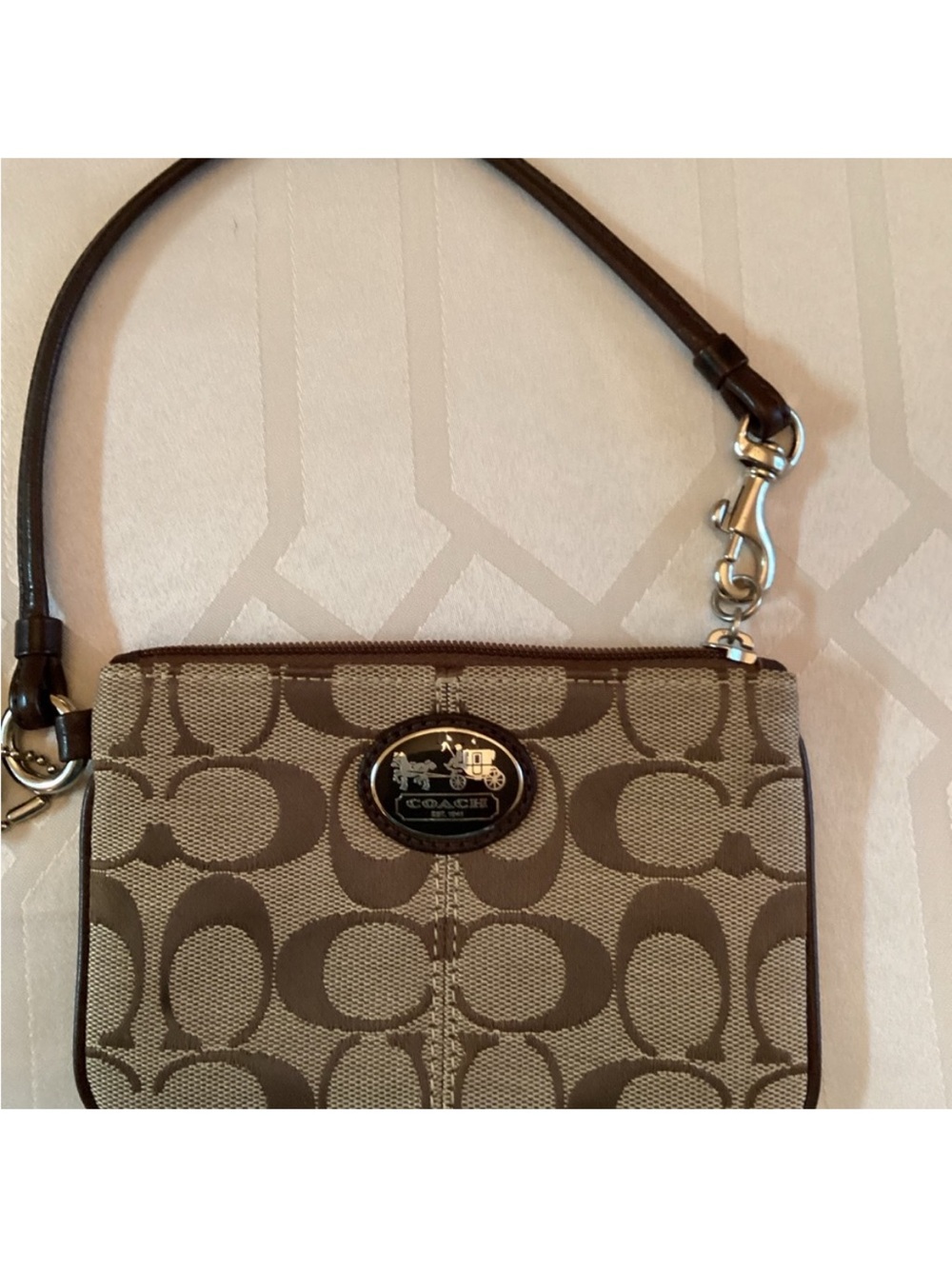 Coach Brown Signature Canvas Wristlet with Dark Brown Trim